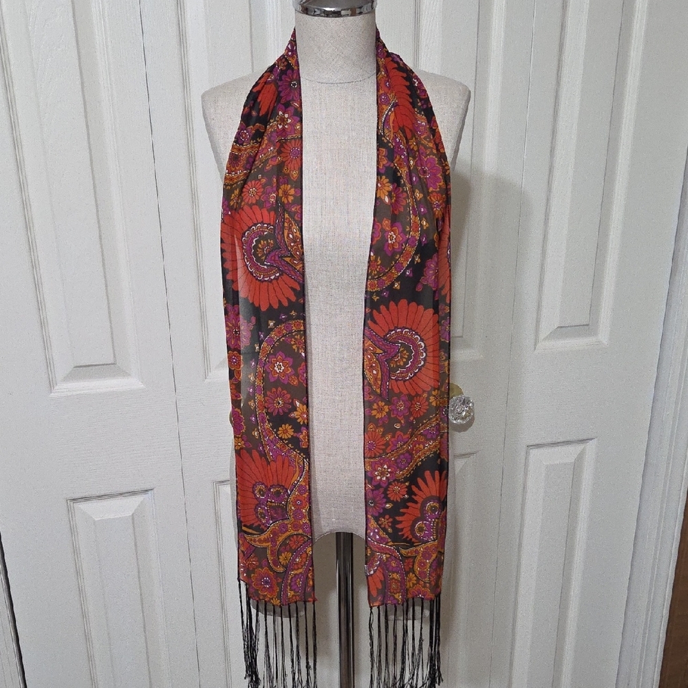 Source Unknown Red & Purple Paisley Floral Fringe Scarf
